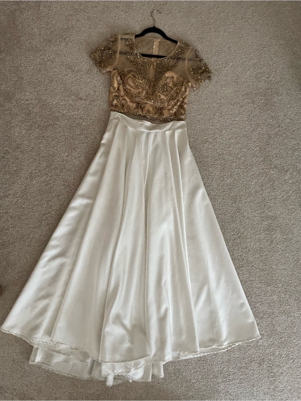 Dave & Johnny Gold Embroidered Sheer Bodice White Satin Skirt Formal Gown